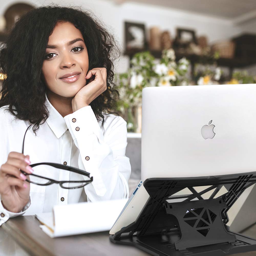 STRIFF Adjustable Laptop Stand Patented Riser Ventilated Portable Foldable Compatible with MacBook Notebook Tablet Tray Desk Table Book with Free Phone Stand(White)