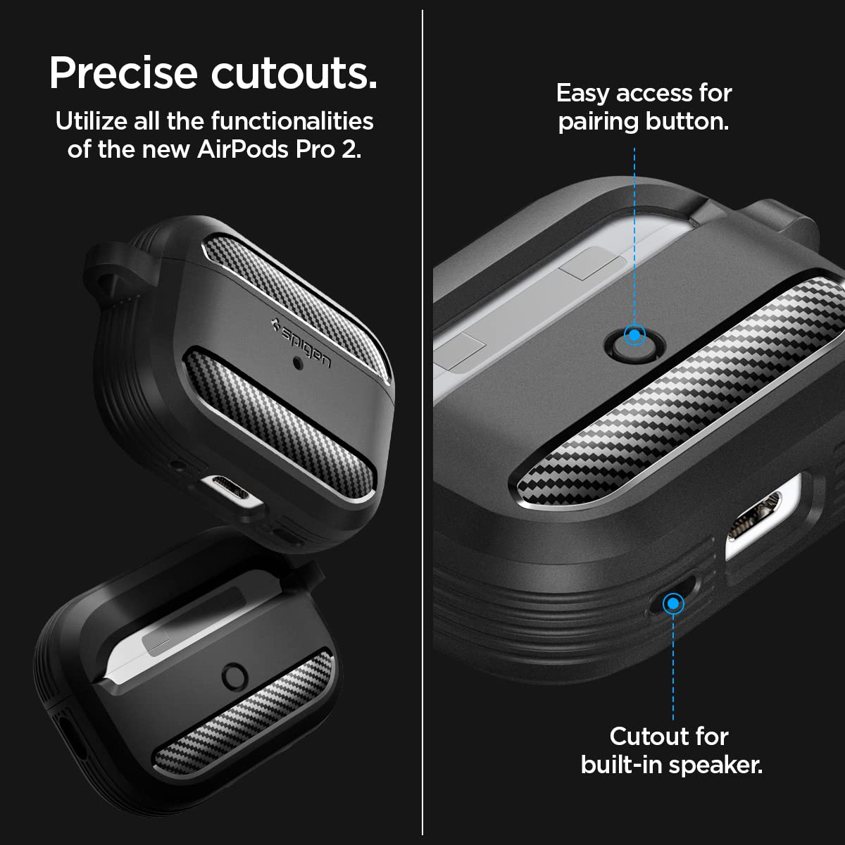 Spigen for AirPods Pro 2(2022/2023) Case, Carabiner Included, Durable, Shock-Proof Cover, (Rugged Armor) - Matte Black