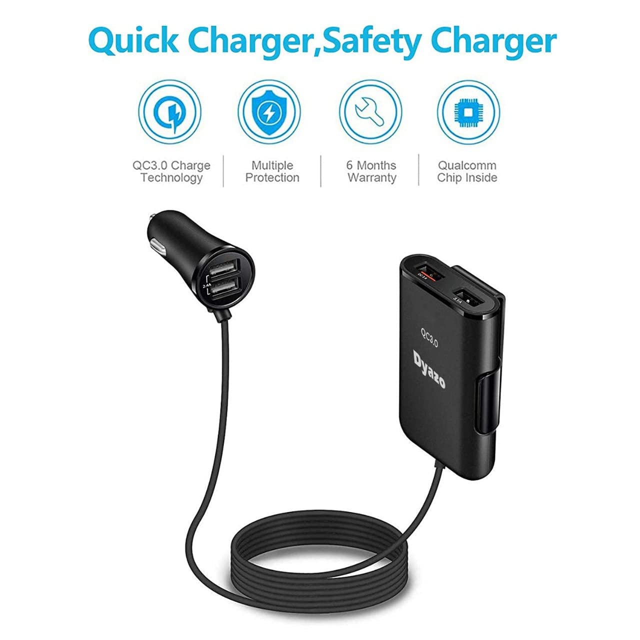 Dyazo QC 12V Fast Car Charger Back Seat Charging 4 USB Ports Compatible for Qualcomm 3.0, Samsung Galaxy, Note, iPhone, Nexus, Vivo, Oppo,Pixel, Mi & Other Mobile Phones with Free Type C Cable - Wireless Accessory from Dyazo - Shop in Sri Lanka at Arcade.lk