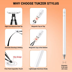 Tukzer Universal Stylus Pen for Smartphone/Tablet/iPad/Pro/Air/iPhone/iOS/Android/All Touch Screens Devices| Fine Point Disc Tip, Lightweight Aluminum Body Magnetic Cap Drawing Writing (White)