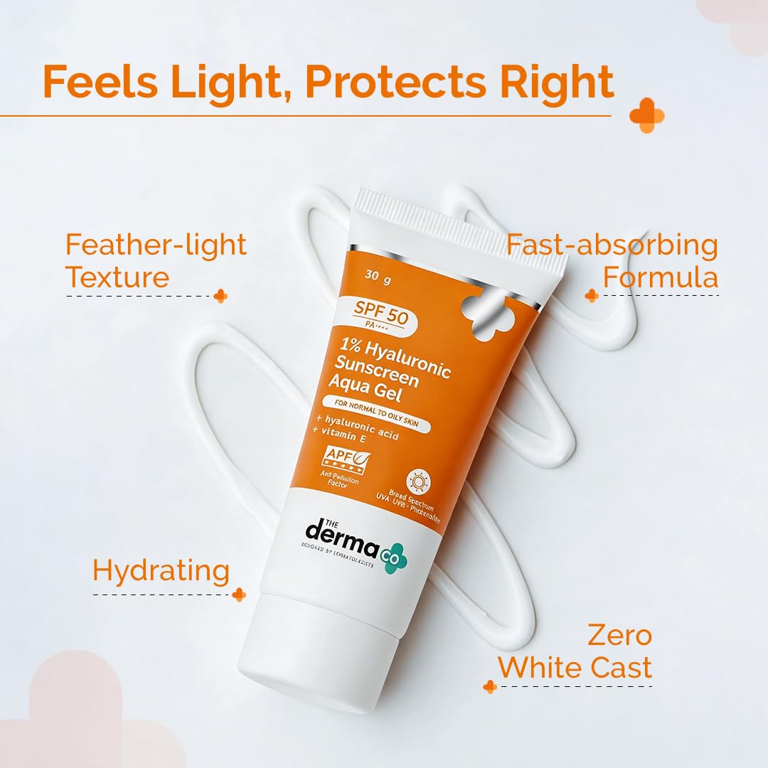 The Derma Co 1% Hyaluronic Sunscreen Aqua Gel SPF 50 PA++++ | Hydrating, Lightweight & Non-Greasy | No White Cast | Broad Spectrum & Blue Light Protection | PPD-39 | 30 g
