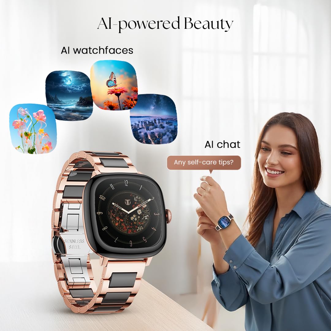 Titan AiRA 1.70" AMOLED Smart Watch for Women Latest with Silicone Strap Stress Monitoring, 1000 Nits, Functional Crown, AI Enabled, IP68 Water Resistant Upto 7 Days Battery Life - Rose Gold