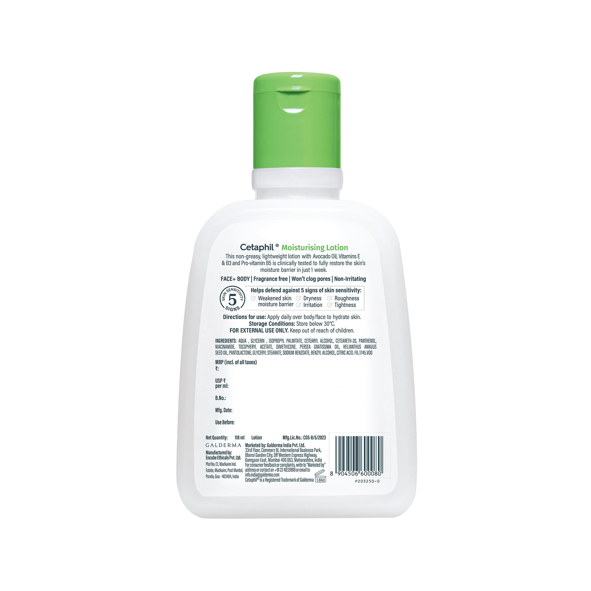 Cetaphil Moisturising Lotion 118 ml for Dry to Normal & Sensitive Skin | 48H Hydration with Niacinamide, Panthenol & Glycerin | Fragrance-Free, Non-Greasy, Dermatologist Recommended, For Face and Body