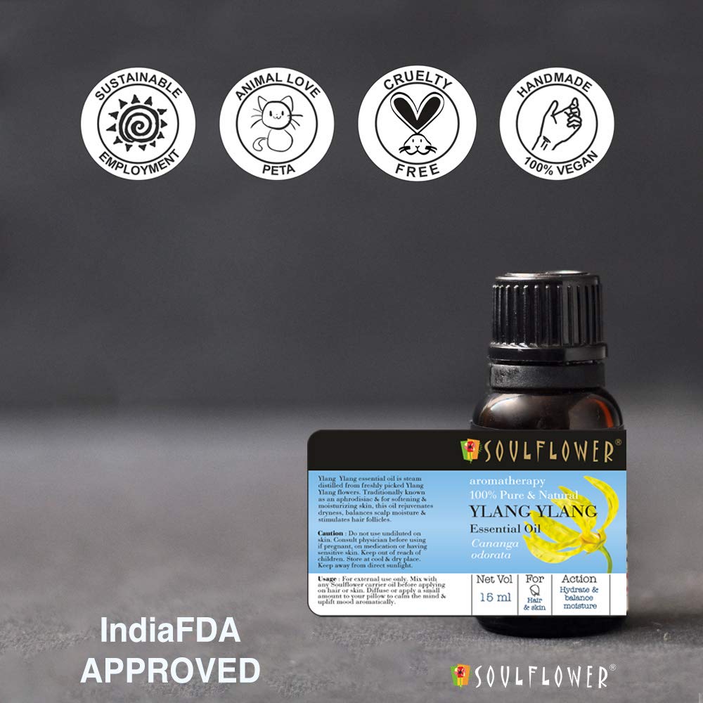 Soulflower Ylang Essential Oil for Strengthen Hair Roots, Control Hair Fall, Skin Moisture, Controls Acne, Aromatherapy - 100% Pure, Natural & Undiluted Premium Essential Oil, 15ml