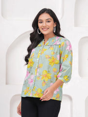 Rimika's Pure Cotton Sage Green Floral top Regular Fit with 3/4th Sleeves, Mandarin Collar, Front Button, Perfect for Casual, Formal, and Ethnic Wear