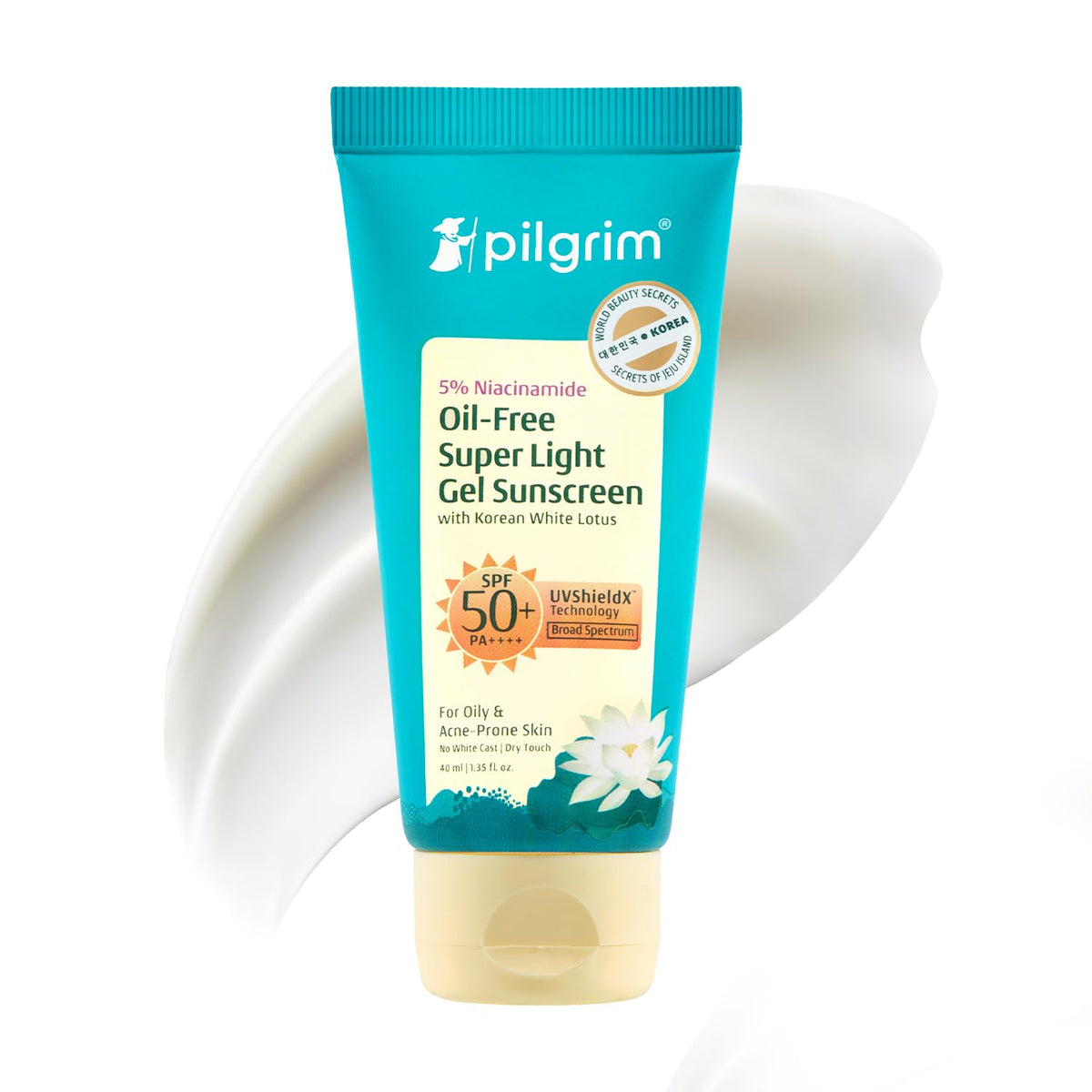 Pilgrim 5% Niacinamide Oil-Free Super Light Gel Sunscreen For Oily Skin SPF 50 PA++++ with Korean White Lotus | UVA/UVB , Broad Spectrum Protection | 45ml