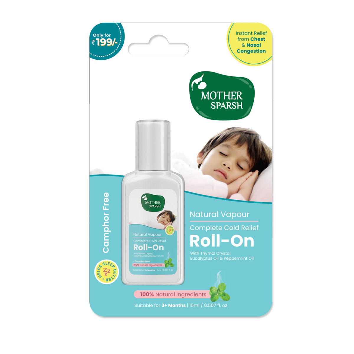 Mother Sparsh Natural Vapour Complete Cold Relief Roll-On for Babies-15ml | With Thymol Crystal, Eucalyptus Oil & Peppermint Oil for Cold & Cough | 100% Natural | Relieves Chest Congestion