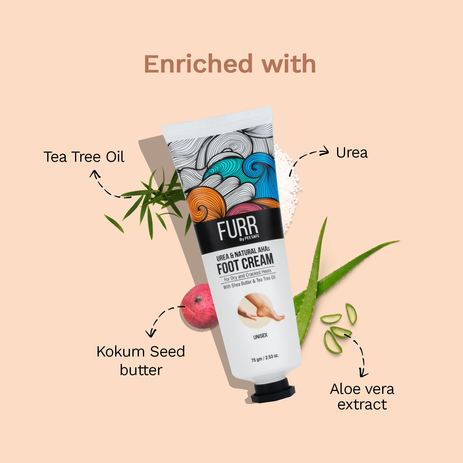 FURR 10% Urea & Natural AHAs Foot Cream | For Dry & Cracked Heels | 1% Salicylic Acid | Infused with Shea Butter, Tea Tree Oil, and Aloe Vera Extract | Deeply Hydrates, Repairs & Exfoliates | 75g