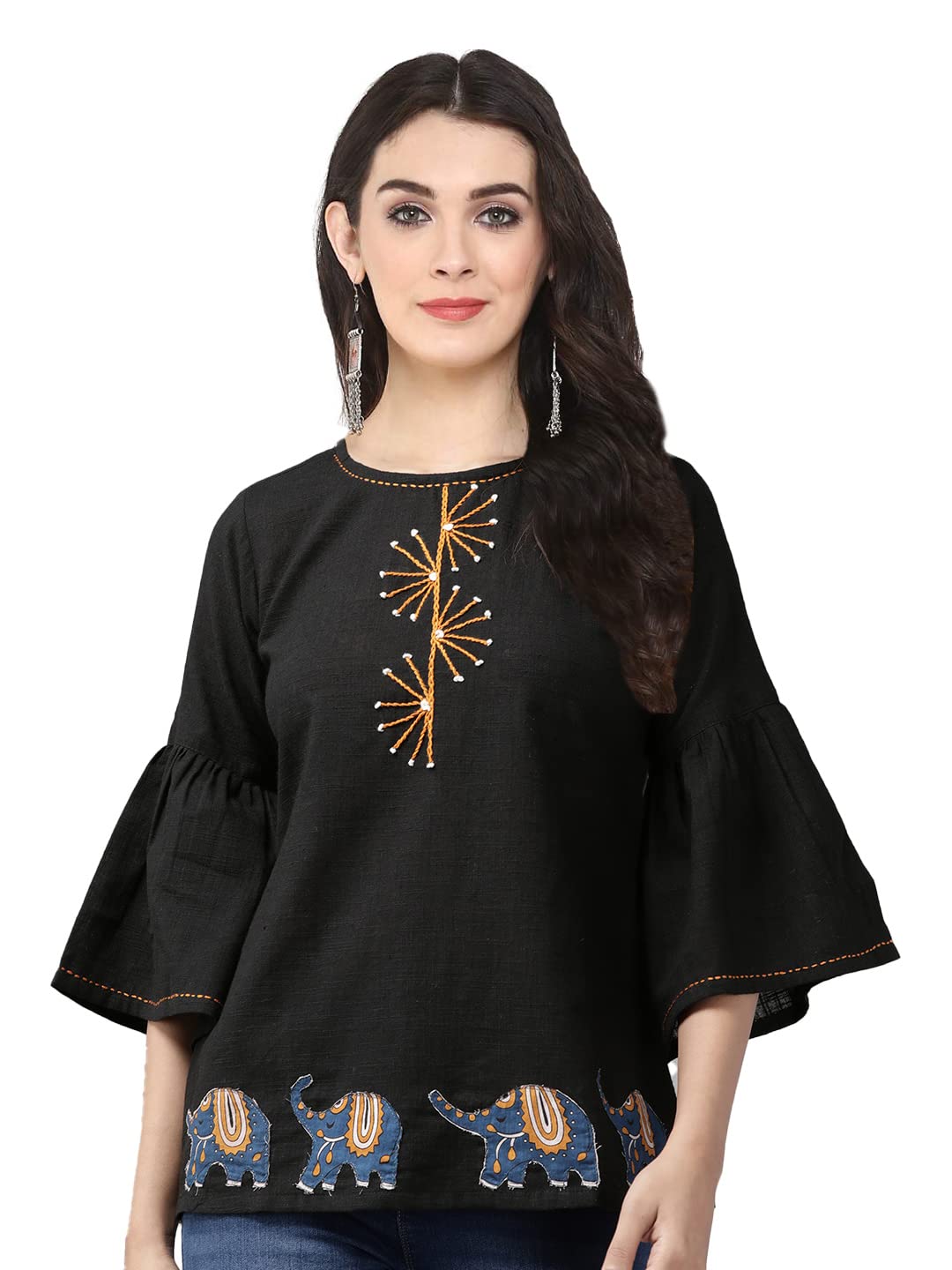 Yash Gallery Women's Cotton Patch Work Straight Top for Women