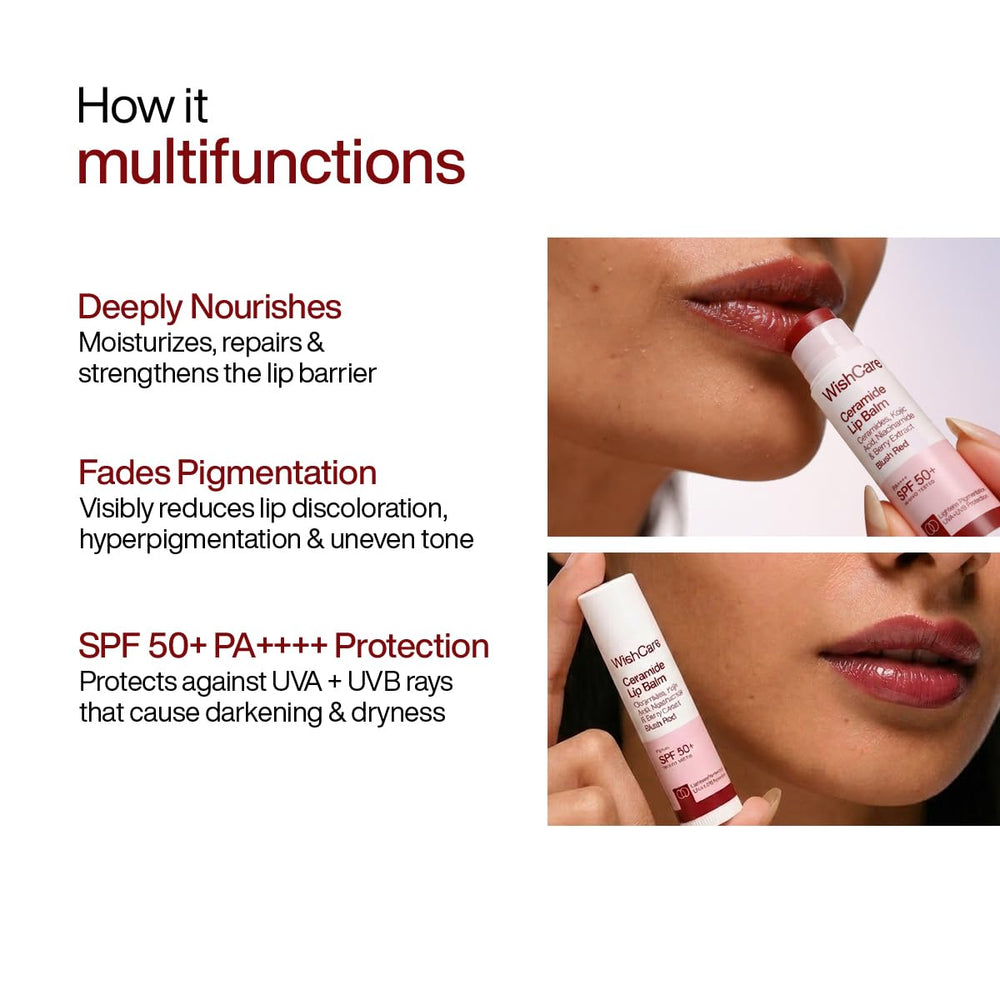 WishCare Tinted Lip Balm SPF 50 PA++++ | Brightening Lip Balm for Dark Lips | In-Vivo Tested | Kojic Acid & Niacinamide | For Women | 5g (Blush Red) | Glammy.lk