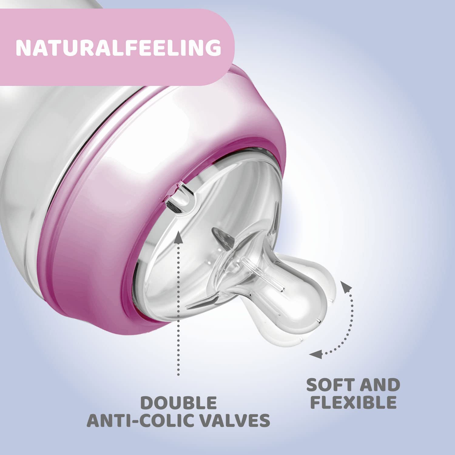 Chicco Natural Feeling 330ml Baby Milk Feeding Bottle with Wide Neck, Anti-Colic for Easy Milk Flow, for Babies & Toddlers 6m+ (Pink)