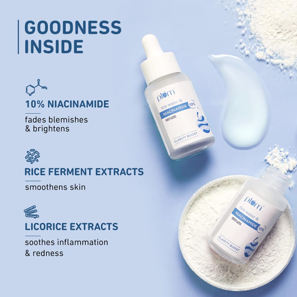Plum 10% Niacinamide Serum with Rice Water | Provides Clear, Glowing & Brightening Skin | for Acne Prone, Combination, Oily & Sensitive Skin | Unisex Oil Control & Anti Acne Face Serum for | 15ml