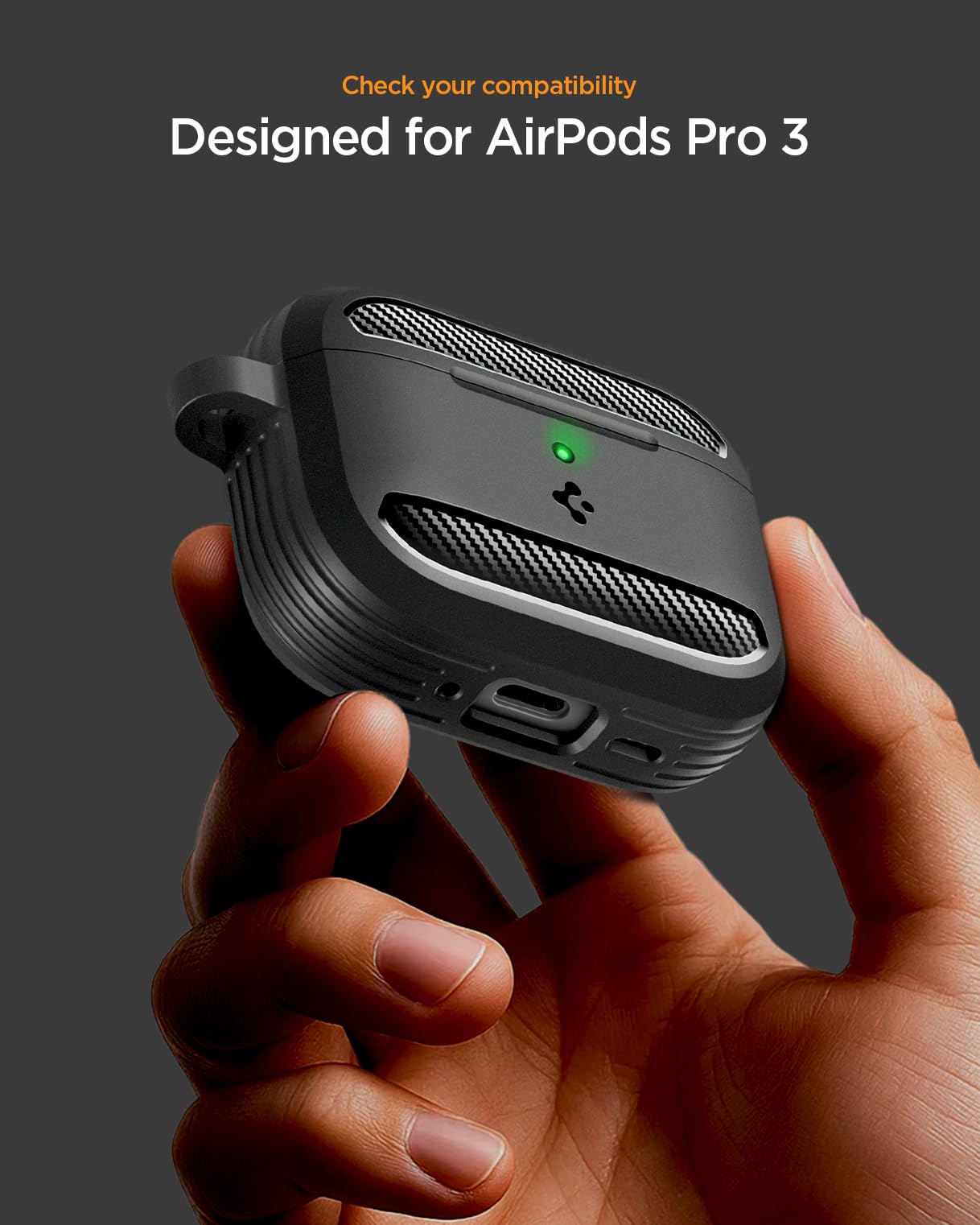 Spigen AirPods Pro 3 Cover Case, Carabiner Included, [Shock Proof] [Light & Compact], Rugged Armor - Matte Black