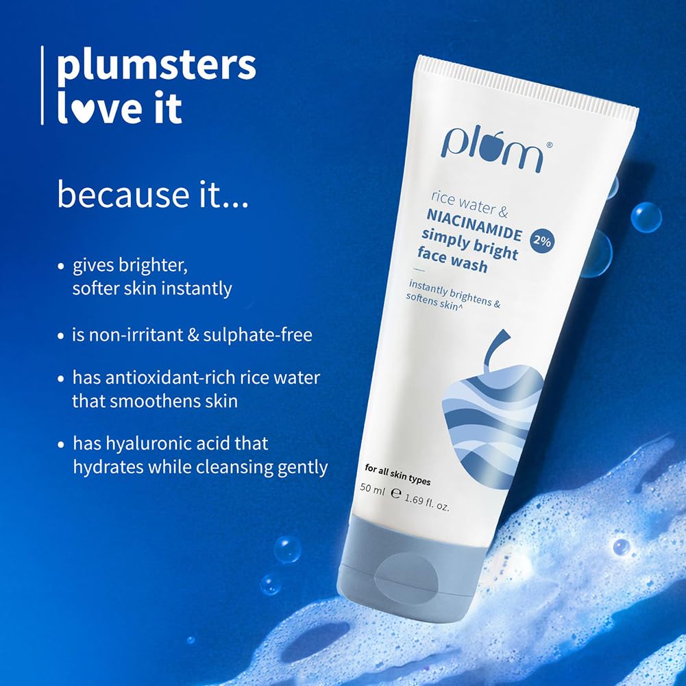Plum Simply Bright 2% Niacinamide Face Wash With Rice Water | Brightens Skin, Helps Fade Blemishes | Softens & Smoothens Skin | Gentle & Non-Drying | Women & Men | 100% Vegan | 50 ml