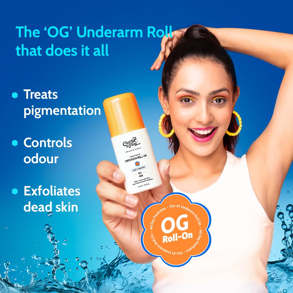 Chemist At Play UnderArm Roll On Deodorant with 5% AHA, Lactic Acid & 1% Mandelic Acid | Prevents Body Odour & Fades Pigmentation |0% Aluminium & 0% Alcohol |For Sensitive Skin | Aqua Fragrance | 40ml