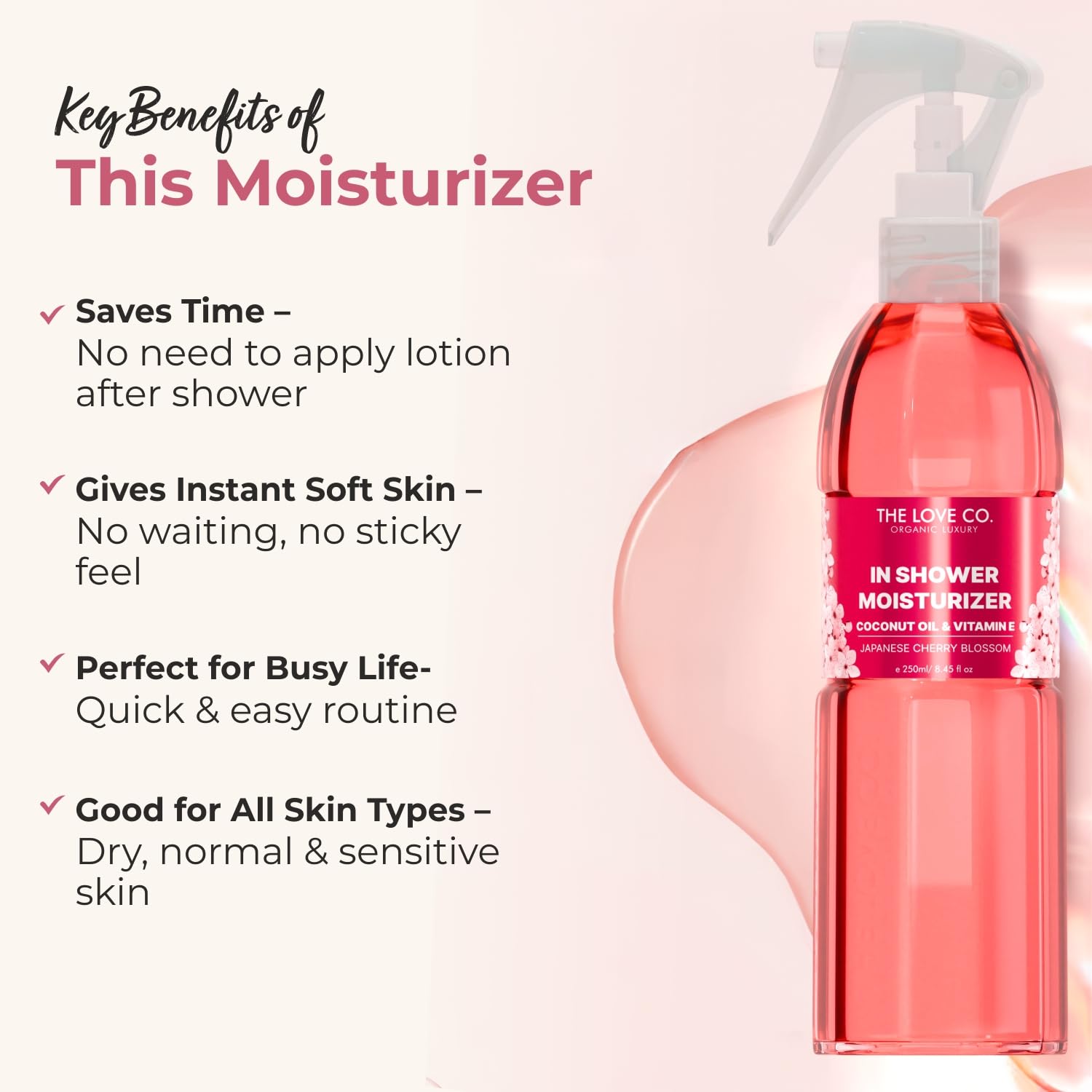 THE LOVE CO Japanese Cherry Blossom In-Shower Body Moisturizer | Coconut Oil & Shea Oil | For All Skin Types | Hydrates & Plumps | Reduces Dryness & KP Bumps | Non-Greasy (250ml)