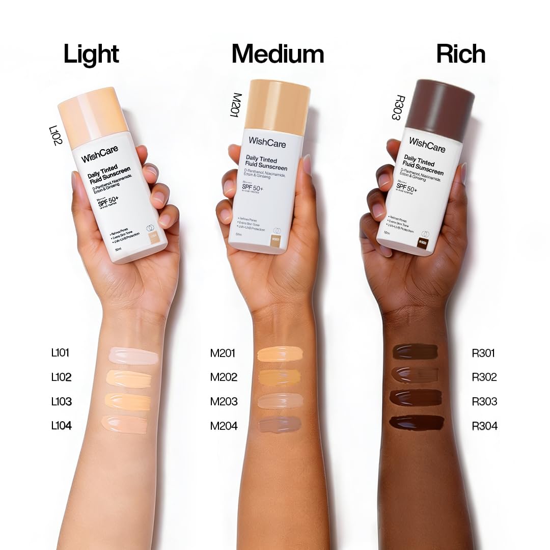 WishCare Daily Fluid Tinted Sunscreen SPF50 PA++++ | M201 | Broad Spectrum Protection for all skin types| In-Vivo Tested Tinted Sun Screen | D-Panthenol, Niacinamide, Ectoin & Ginseng | 50ml
