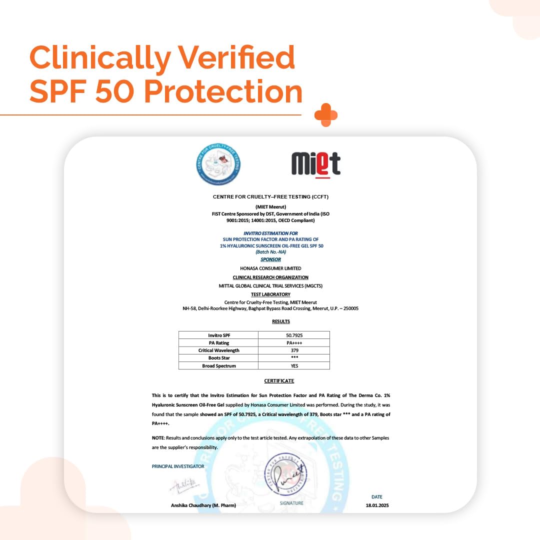 The Derma Co 1% Hyaluronic Sunscreen Oil-Free Matte Gel SPF 50 PA++++ | For Oily, Acne-Prone Skin | Lightweight Texture | No White Cast | Broad Spectrum Protection & Blue Light Protection