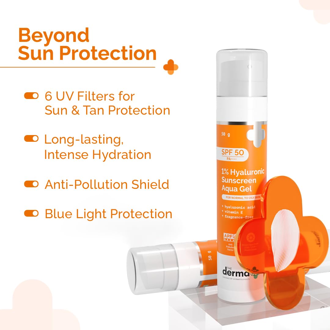 The Derma Co 1% Hyaluronic Sunscreen Aqua Gel SPF 50 PA++++ | Hyaluronic Acid for Deep, Long Lasting Hydration | Ultra Lightweight Texture I Non-Greasy, No White Cast | Broad Spectrum Protection & Blue Light Protection | 50g