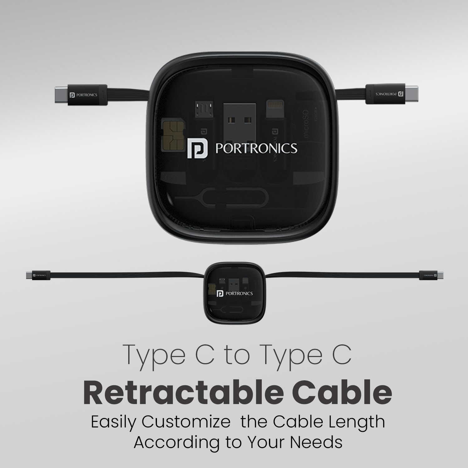 Portronics Snapcase 2 60W Multifunctional Fast Charging Data Cable Kit With Retractable Cable, Conversion Set USB A & Type C to Male Micro/Lightning,Sim Storage,Sim Eject Pin
