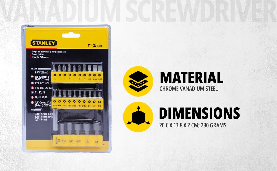 STANLEY 68-071-23 26-Piece Insert-Bit Chrome-Vanadium Screwdriver Set for Home, DIY, Professional & Industrial Use Ideal for Carpentry, Mechanical, Electrical & Plumbing Tasks, YELLOW & BLACK