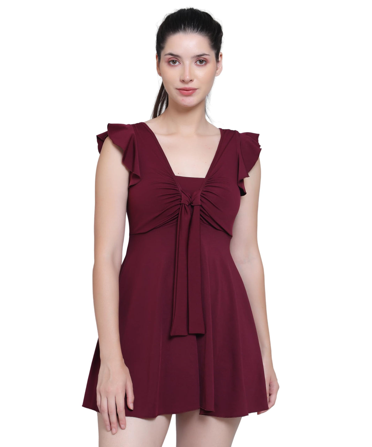 Women Front Tie Knot Ruched Frock Style Padded One Piece Swimming Costume