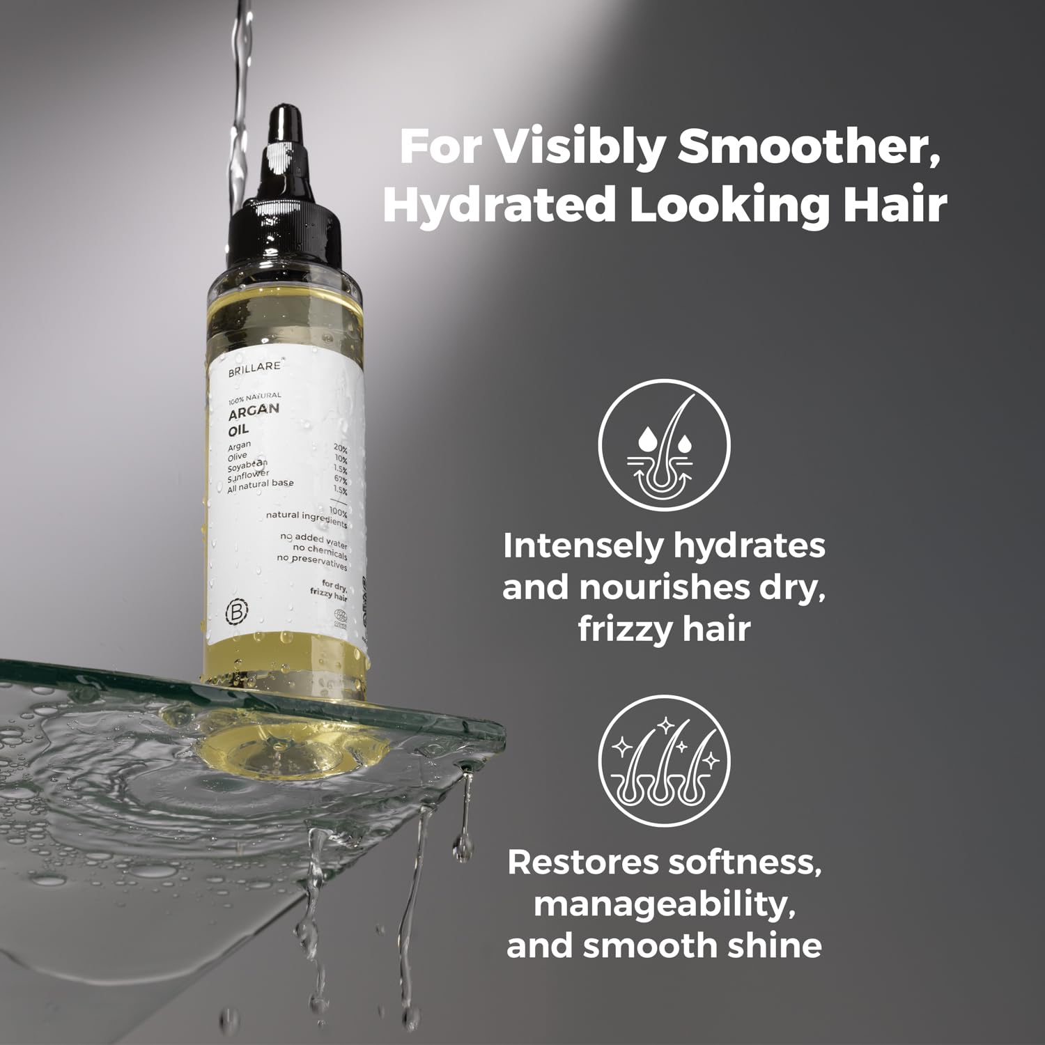 Brillare 20% Argan Oil for Dry, Frizzy Hair with 10% Olive Oil for Intense Hydration, Frizz Control, Smooth, & Manageable Hair