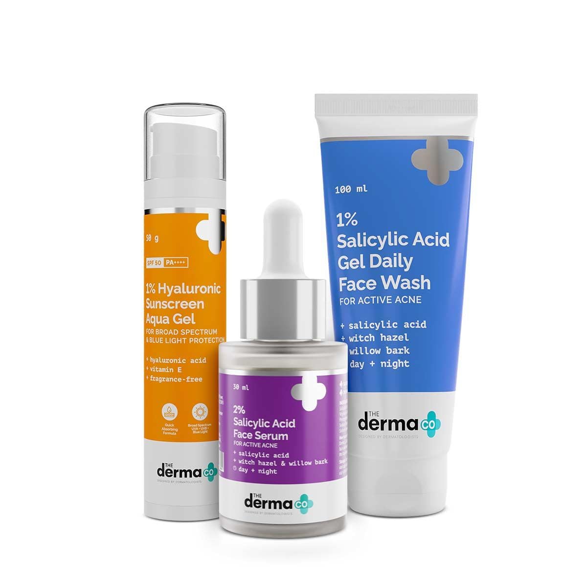 The Derma Co Anti Acne Skincare Routine Kit For All Skin 1% Salicylic Acid Gel Face Wash+2% Salicylic Acid Serum+1% Hyaluronic Sunscreen Aqua Gel|Spf 50 Pa++++|Unisex,3 Count