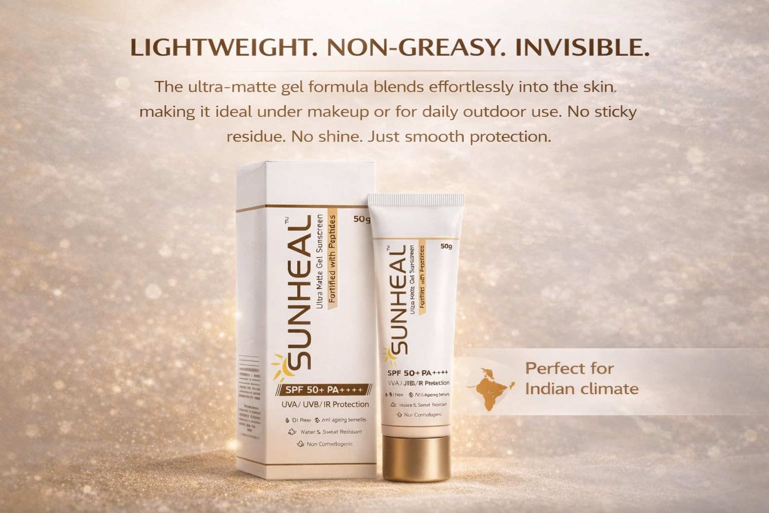 Sun-heal Ultra Matte Gel Sunscreen SPF 50+ PA++++ | UVA/UVB/IR Protection | Oil-Free & Non-Comedogenic | Water & Sweat Resistant | Anti-Ageing Peptide Formula | 50g | Glammy.lk
