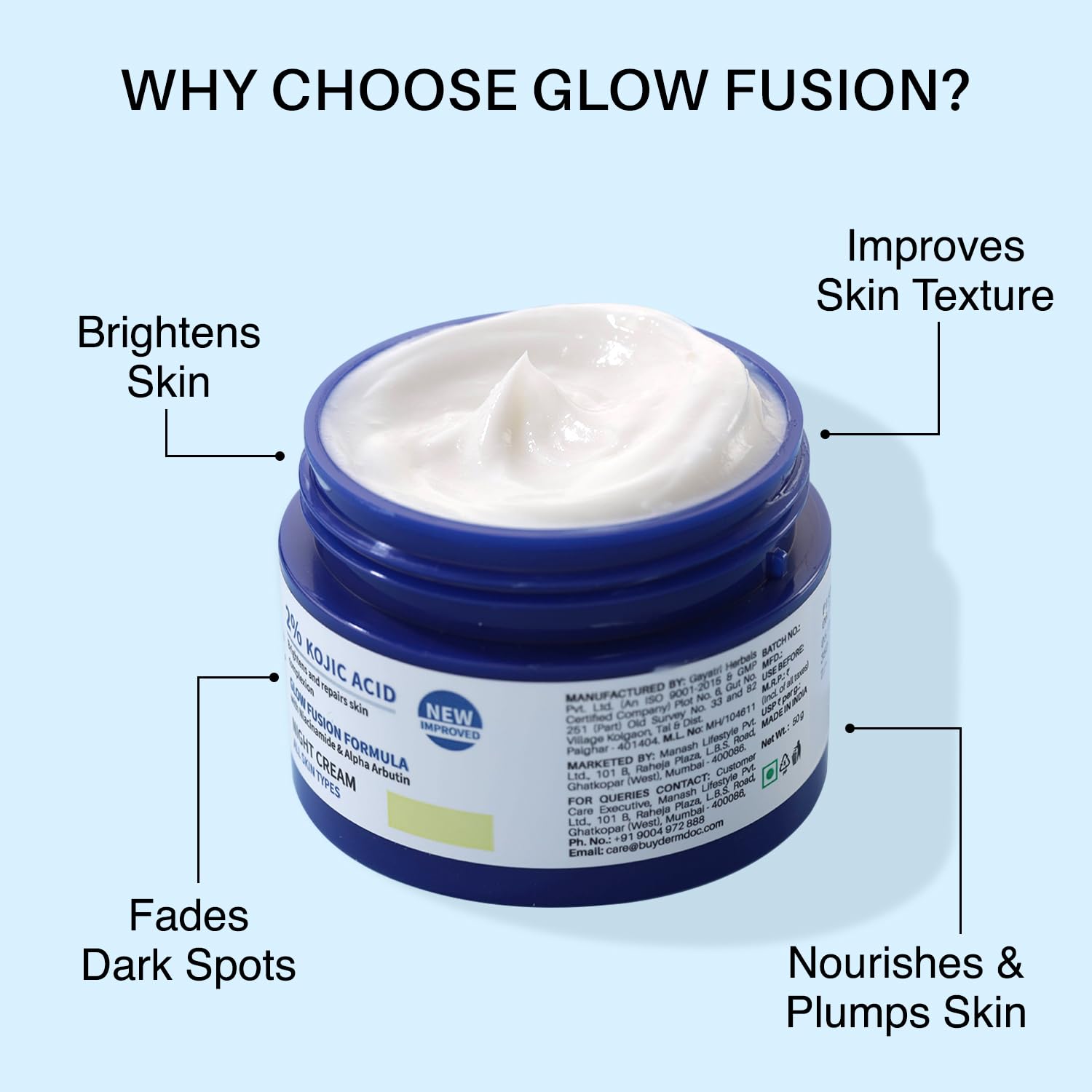 DERMDOC 2% Kojic Acid Glow Fusion Formula Night Cream, 50g | Niacinamide & Alpha Arbutin | Skin Brightening Face Cream | Reduces Dark Spots & Pigmentation | Even & Glowing Skin | Minimizes Pores