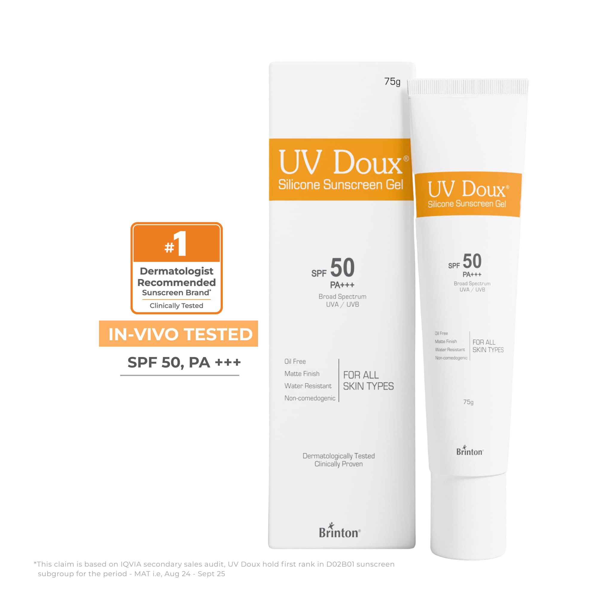 UV Doux Silicone Sunscreen Gel SPF 50 PA+++|India’s No.1 Dermatologist Recommended Brand|Invitro,In-Vivo Tested|UVA/UVB Protection, Benzene Free|No White Cast |Oily & Acne-Prone Skin |75 g