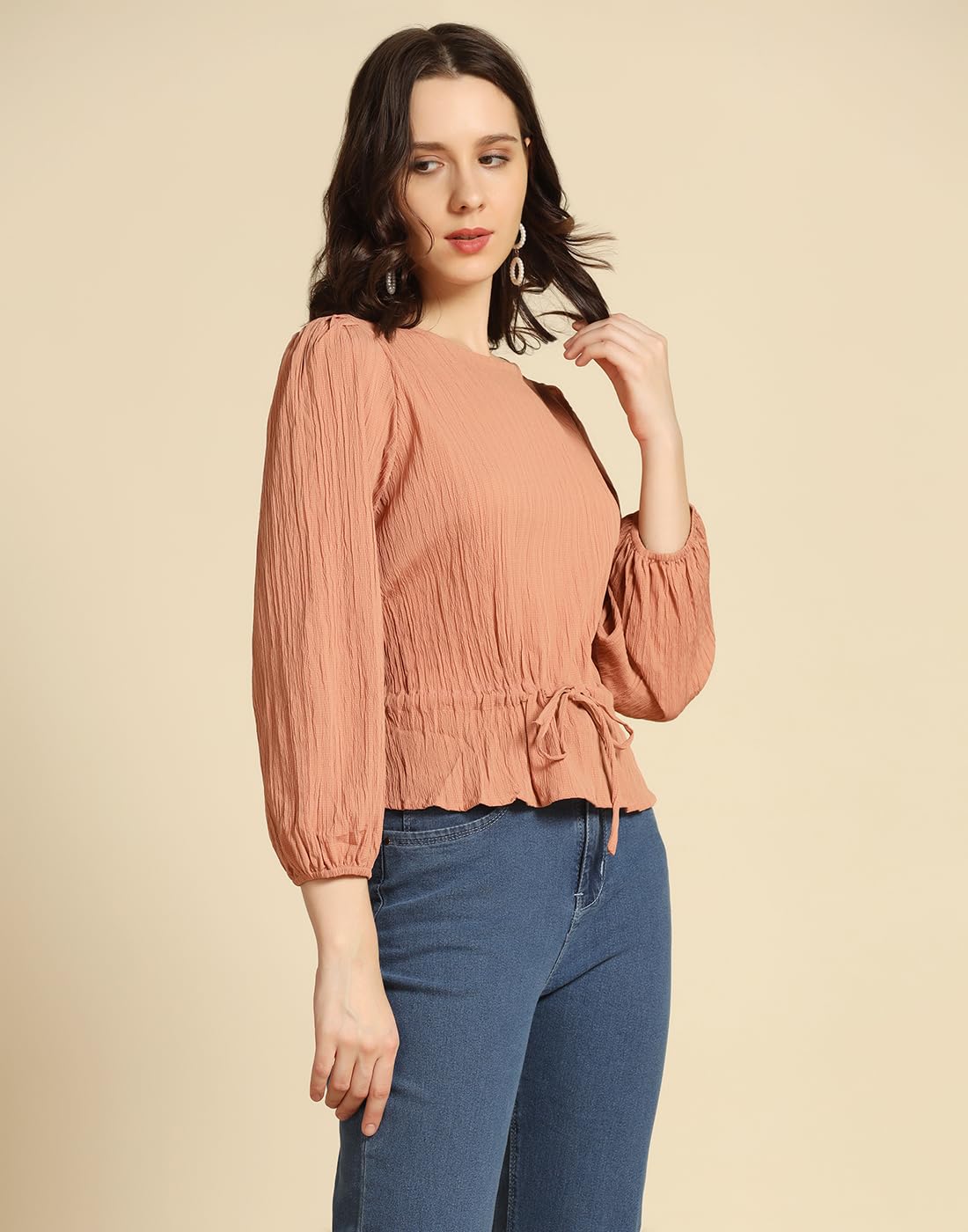 TAGAS Women's Solid Regular Fit Shirt (WT-701-PEACH) | Women's Satin Bubble Long Sleeve Top - Apparel from TAGAS - Shop in Sri Lanka at Arcade.lk