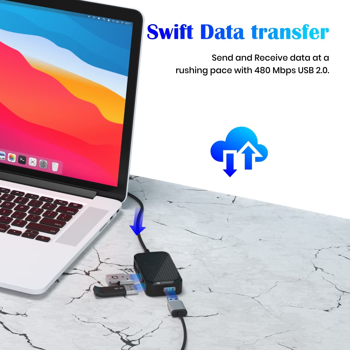Portronics Mport 4D USB Hub (4-in-1), Multiport USB Dock with Long Cable and up to 480 Mbps High Data Transfer Speed (Black)