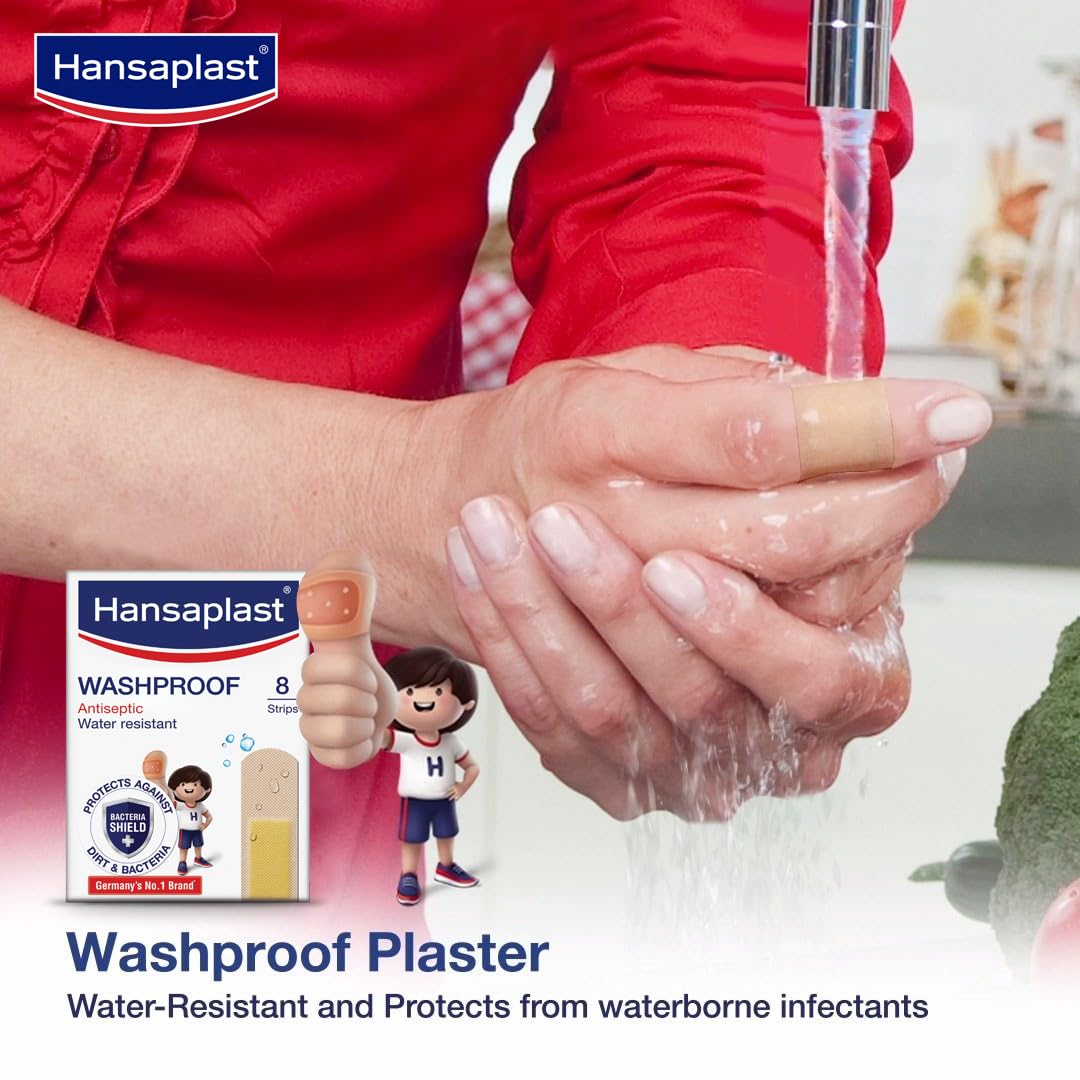 Hansaplast Antiseptic Washproof Bandage for injury & wounds | 100 Strips | First Aid | Water resistant | Provides Comfort to the Wound in Water | For Kids & Adults