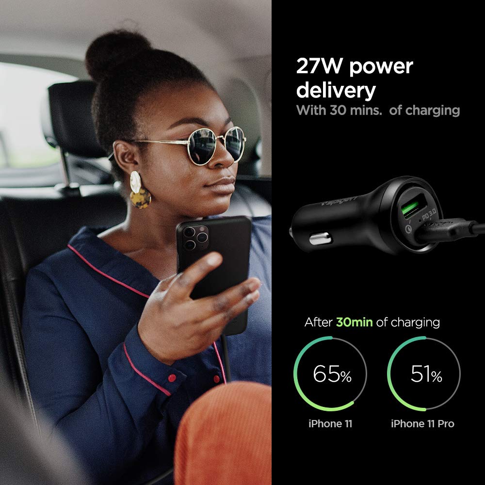 Spigen Car Charger Adapter F31QC Max 45w (27W+18W)[PD3.0][QC3.0] Quick and Fast Charging - Black