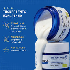 DERMDOC 2% Kojic Acid Glow Fusion Formula Night Cream, 25g | Niacinamide & Alpha Arbutin | Skin Brightening Face Cream | Reduces Dark Spots & Pigmentation | Even & Glowing Skin | Minimizes Pores