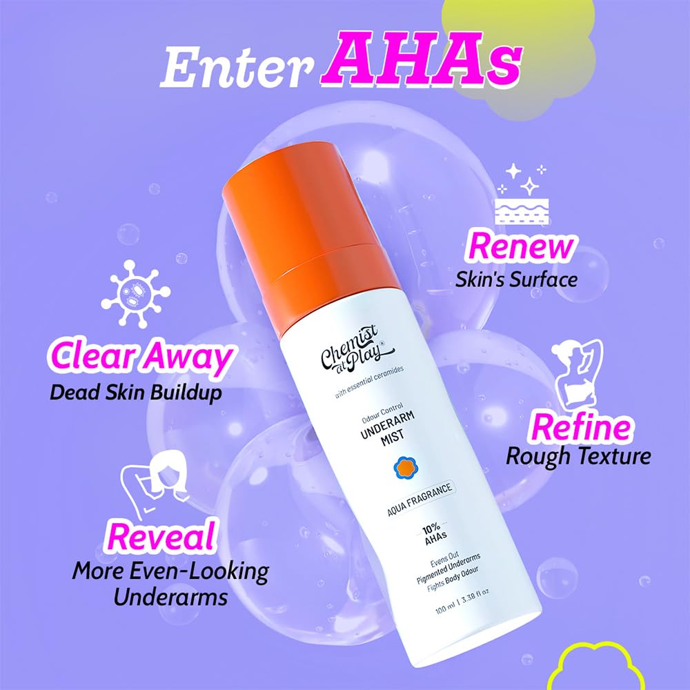 Chemist at Play Exfoliating Underarm Mist | For Pigmentation & Odour Control | 10% AHAs & 2% Niacinamide | pH 4-4.5 Optimised | Promotes Even-Toned Underarms | Non-Sticky & Fast Absorbing | 100 ml