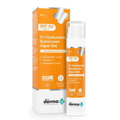 The Derma Co 1% Hyaluronic Sunscreen Aqua Gel SPF 50 PA++++ | Hyaluronic Acid for Deep, Long Lasting Hydration | Ultra Lightweight Texture I Non-Greasy, No White Cast | Broad Spectrum Protection & Blue Light Protection | 50g