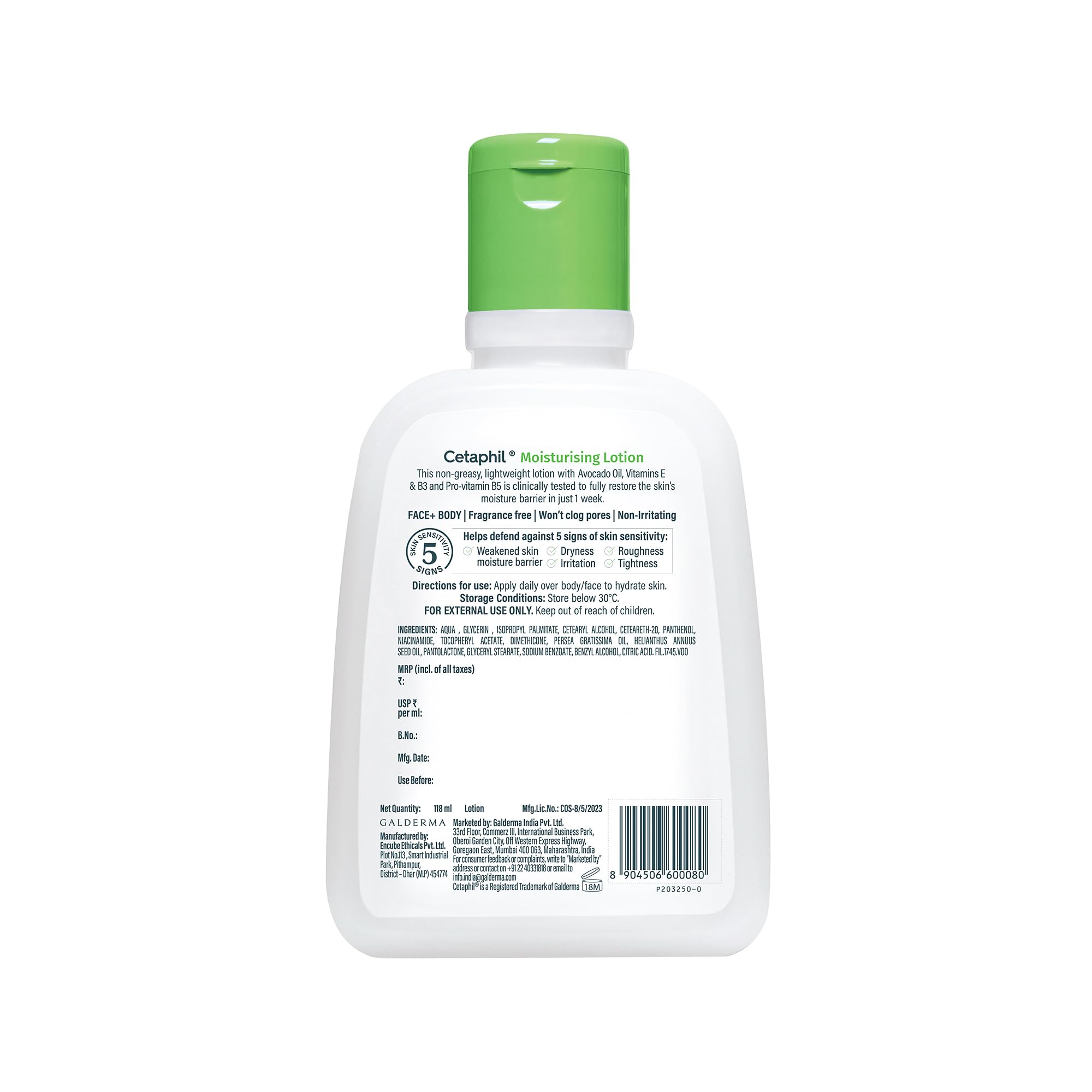 Cetaphil Moisturising Lotion 118 ml for Dry to Normal & Sensitive Skin | 48H Hydration with Niacinamide, Panthenol & Glycerin | Fragrance-Free, Non-Greasy, Dermatologist Recommended, For Face and Body