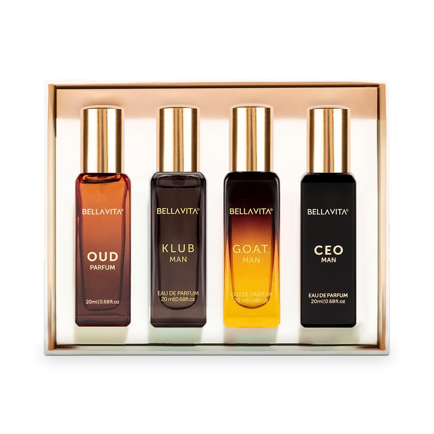 Bella Vita Luxury Man | Long Lasting Liquid Eau De Parfum Gift Set 4 X 20 Ml Perfume For Men | With Klub, Oud, CEO, G.O.A.T | Woody, Citrusy Premium Fragrance Scent