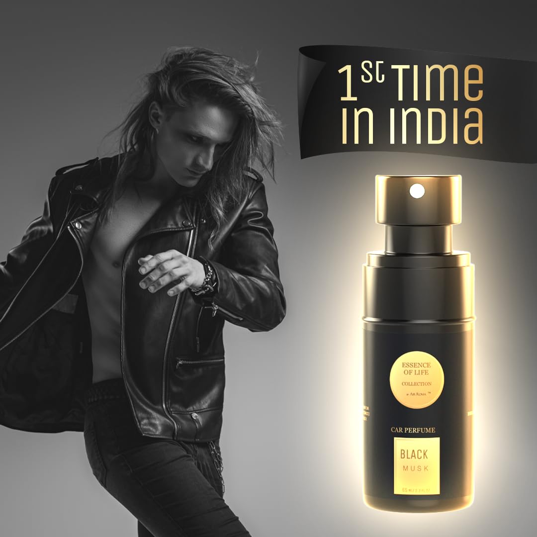 AIR-ROMA Black Musk Premium Car Perfume|Fine Fragrance Car Air Freshener|Anti Odour Technology|Car Accessory Interior Fabric Spray | 400+ Long Lasting Air Freshener Scent (60 Ml)