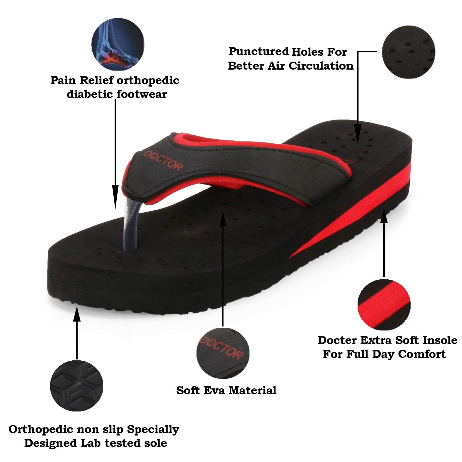 DOCTOR EXTRA SOFT Care Diabetic Orthopedic Pregnancy Flat Super Comfort Dr Flipflops and House Slippers For Women's and Girl's D-18-Black Red-4 UK