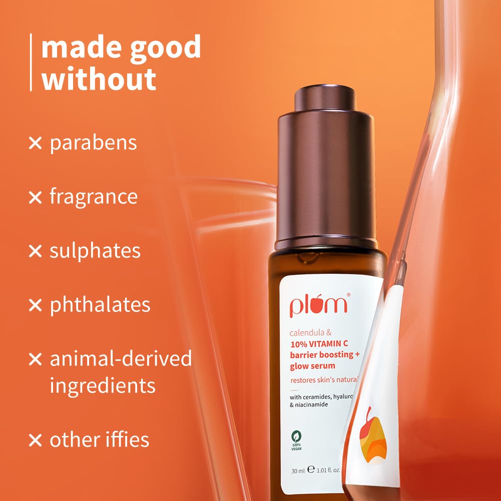 Plum 10% Vitamin C & Calendula Barrier Boosting + Glow Serum | Boosts glow from 1st use | Ceramides strengthens skin barrier | Niacinamide fights pigmentation & dark spots | Non-irritant| Men & Women | For all skin types | 30ml