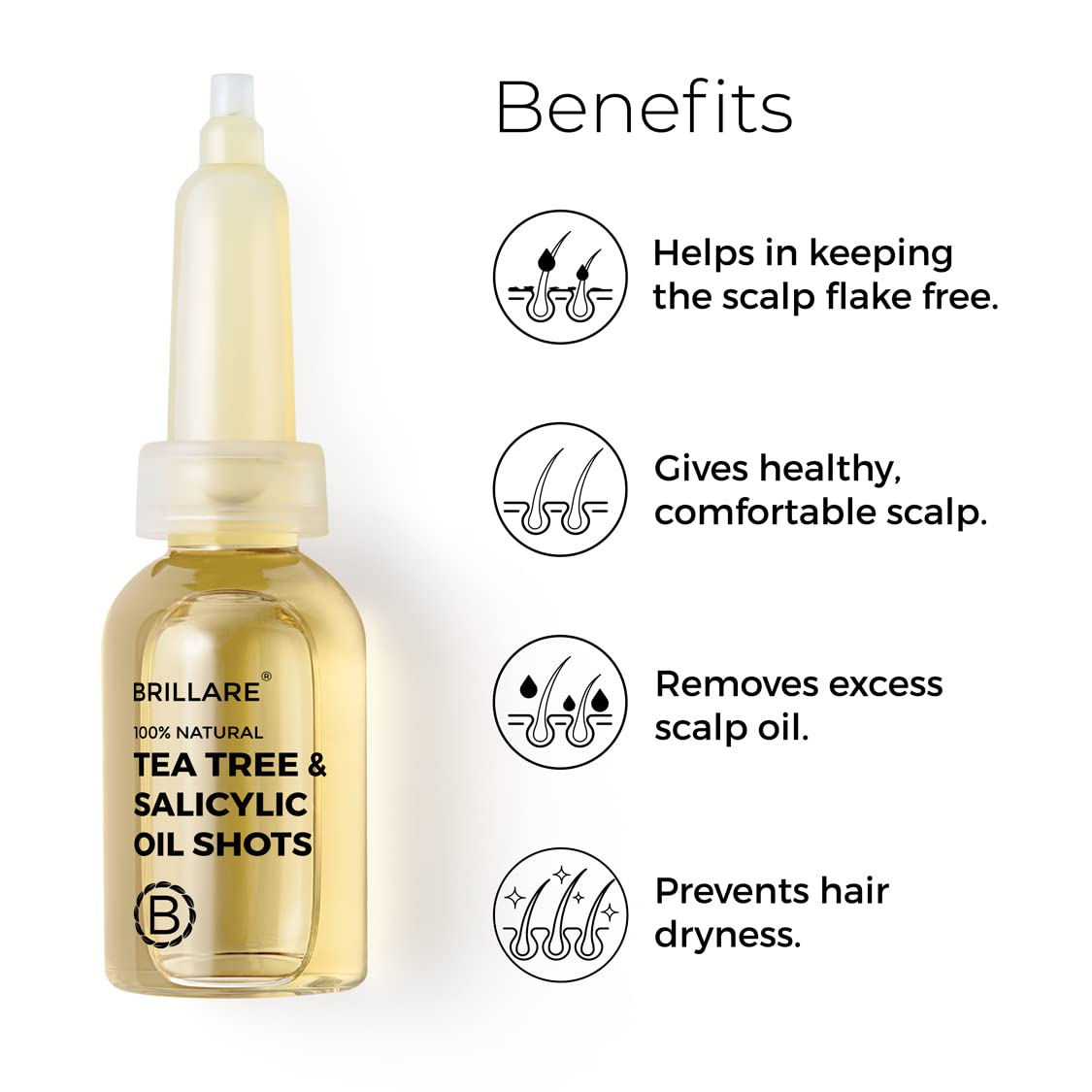Brillare 5% Tea Tree Hair Oil Shots for Dandruff & Itchy Scalp with 1% Salicylic Acid | Visible Dandruff Reduction & Itch Control from 1st Application | 88% Increased Scalp Hydration