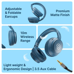 pTron Studio Evo 70hrs Playtime Wireless Over Ear Headphones with HD Mic, Low-Latency Game/Movie/Music Modes, Punchy Bass, BT5.3, Dual Device Pairing, Voice Assistant & Type-C Fast Charging (Blue)