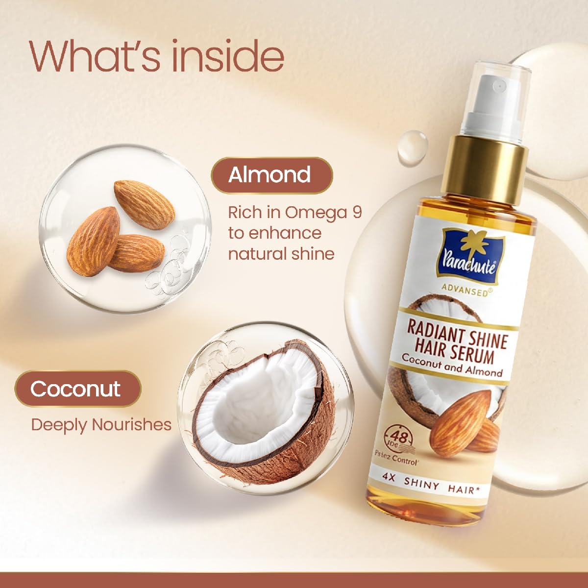 Parachute Advansed Radiant Shine Hair Serum | Coconut & Almond | 48 Hr Frizz Control | 4X Shiny Hair | 100ml