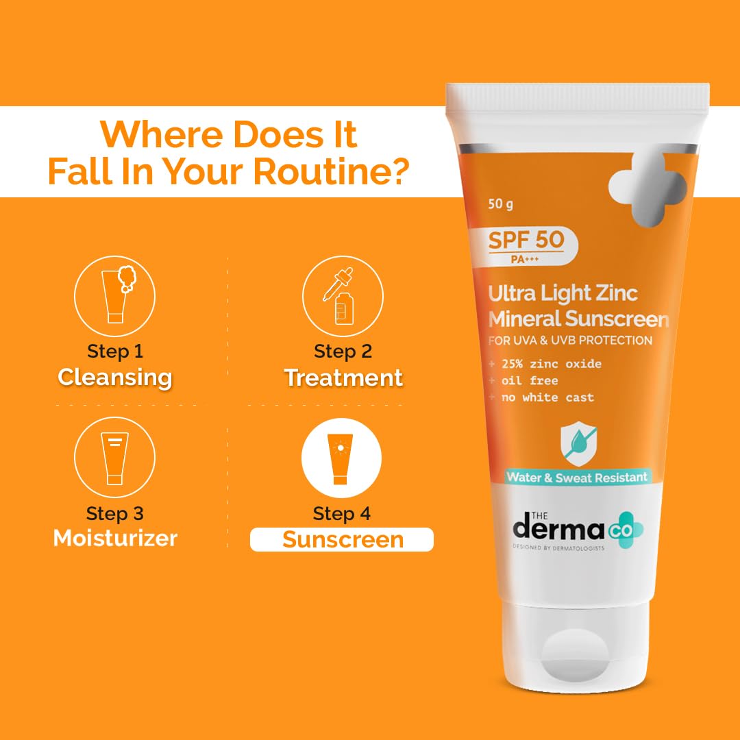 The Derma Co Ultra Light Zinc Mineral Sunscreen I With SPF 50 PA+++ I Water & Sweat Resistant | UVA, UVB & Blue Light Protection I Lightweight & Non- Greasy I No white Cast I For All Skin Type - 50g
