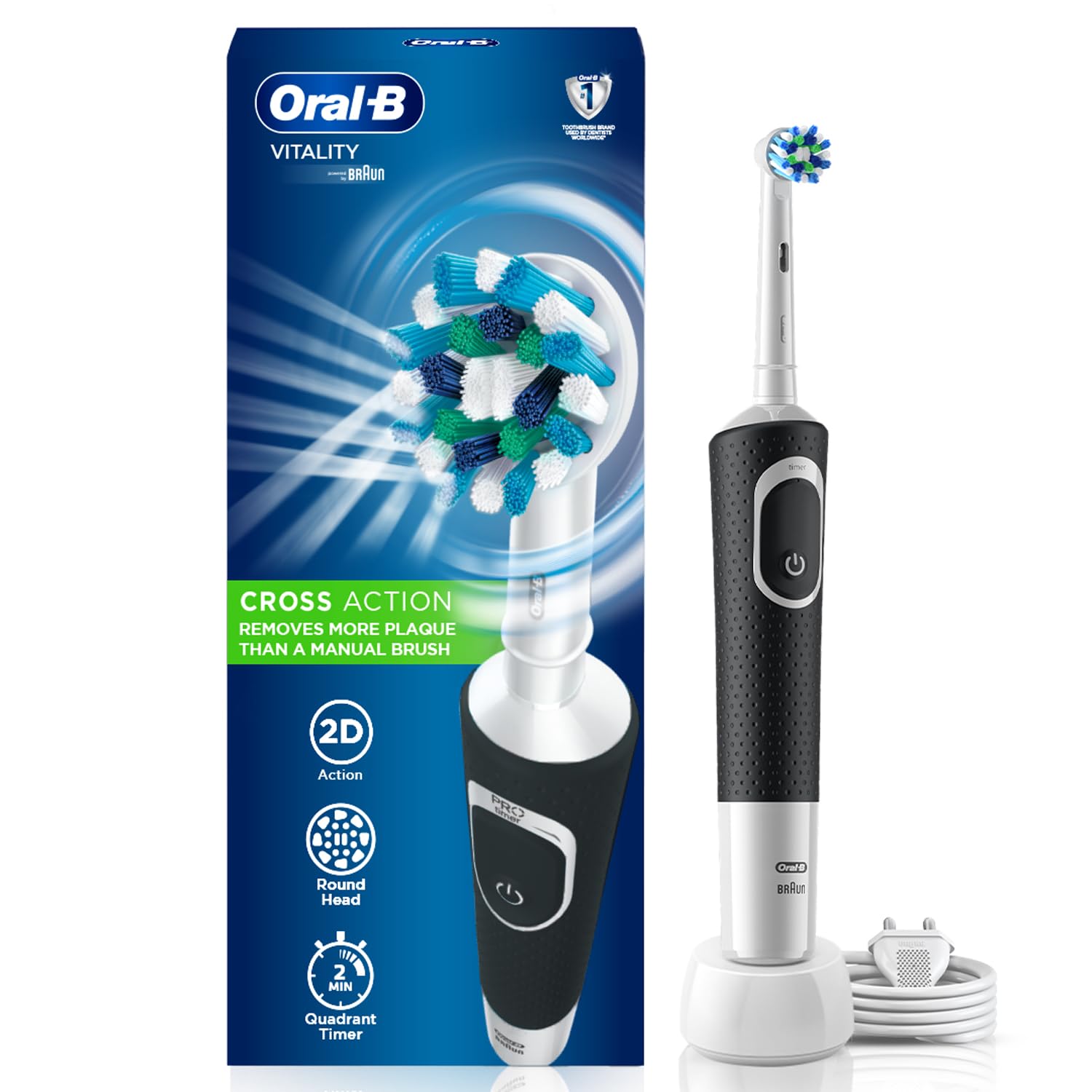 Oral-B Vitality Rechargeable Rotating Electric Toothbrush for Adults | 2 Brushing Modes (Daily & Sensitive) | 2-Min Timer with Quadpacer | IPX7 Water Resistant | Round Brush Head (Black)