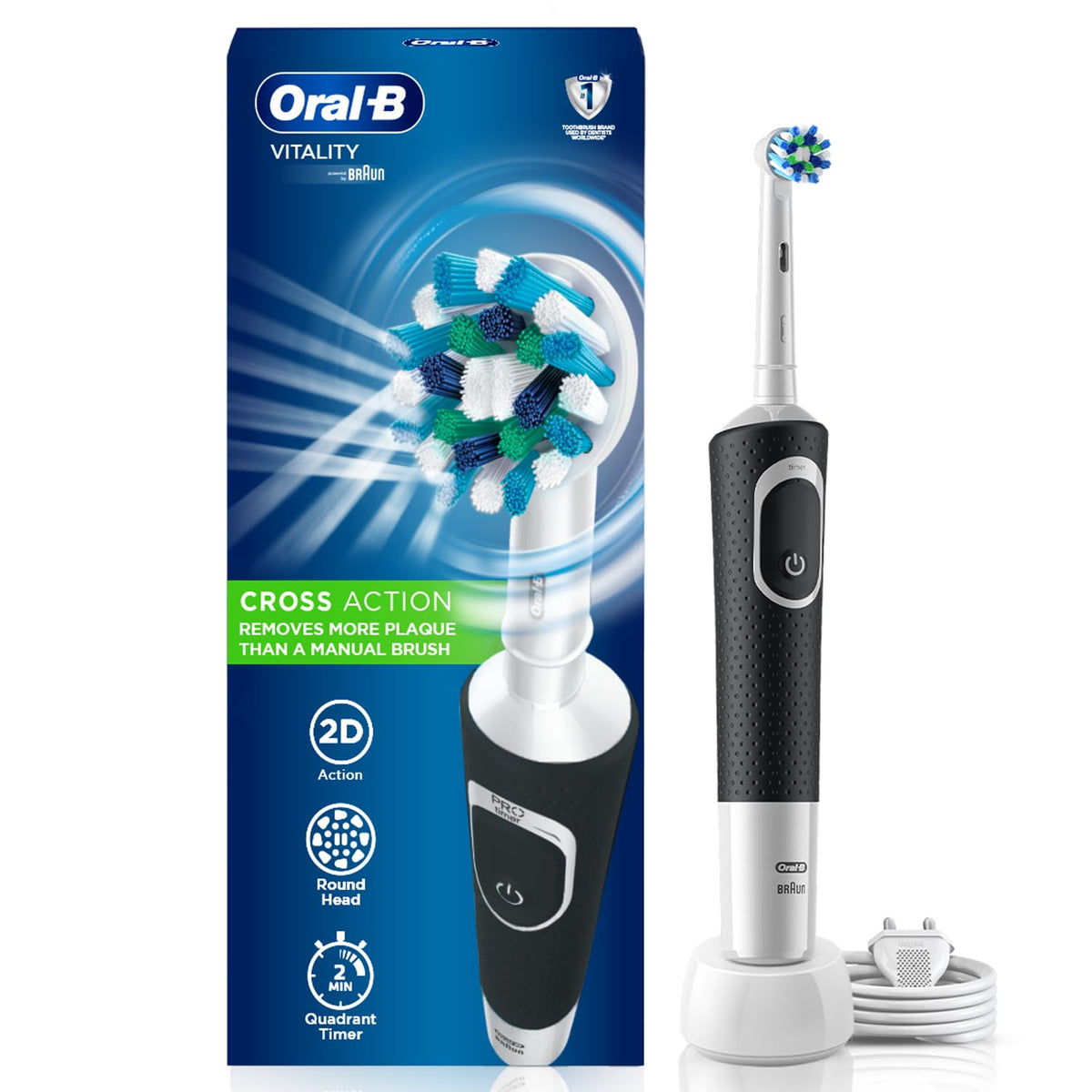 Oral-B Vitality Rechargeable Rotating Electric Toothbrush for Adults | 2 Brushing Modes (Daily & Sensitive) | 2-Min Timer with Quadpacer | IPX7 Water Resistant | Round Brush Head (Black)