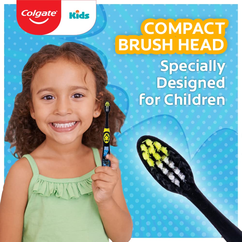 Colgate Kids Batman Manual Toothbrush, Extra-soft Bristles and Built-in Tongue Cleaner, Compact Head and Non-Slip Handle (Pack of 3)